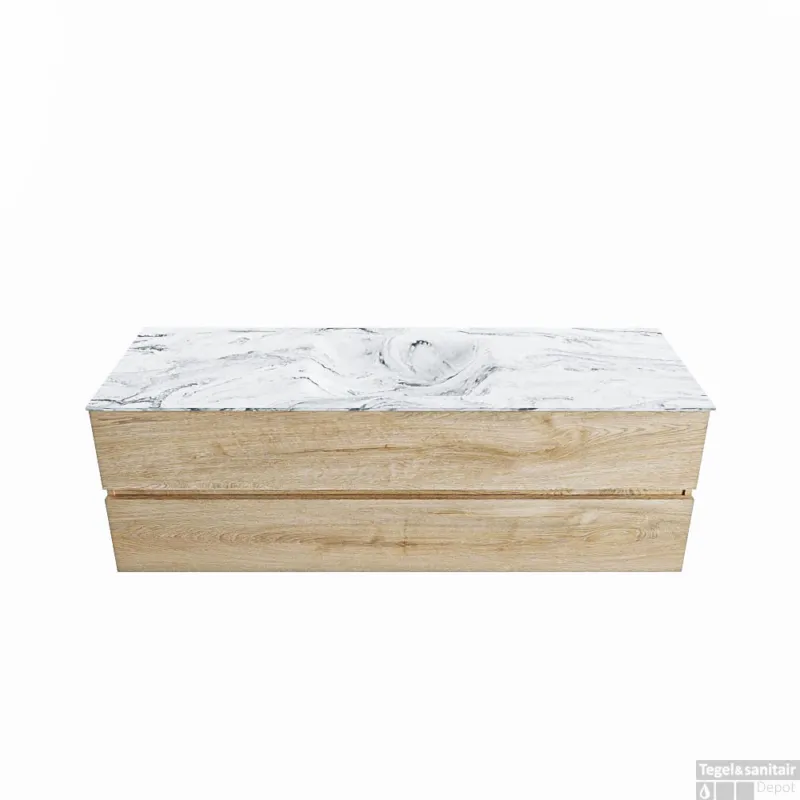MONDIAZ VICA-DLUX 150cm badmeubel onderkast Washed Oak 2 lades. Inbouw wastafel CLOUD midden zonder kraangat, kleur Glace. Laatste Kans