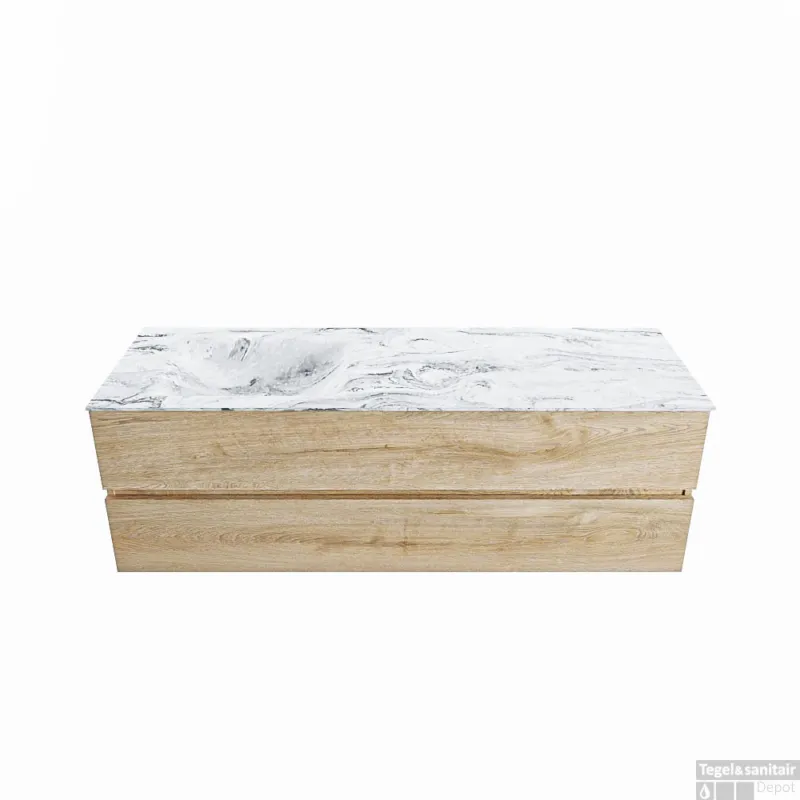 Fabrieksprijs MONDIAZ VICA-DLUX 150cm badmeubel onderkast Washed Oak 2 lades. Inbouw wastafel CLOUD links zonder kraangat, kleur Glace.