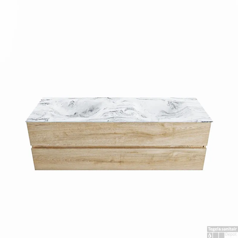 Seizoensaanbieding MONDIAZ VICA-DLUX 150cm badmeubel onderkast Washed Oak 2 lades. Inbouw wastafel CLOUD dubbel zonder kraangat, kleur Glace.