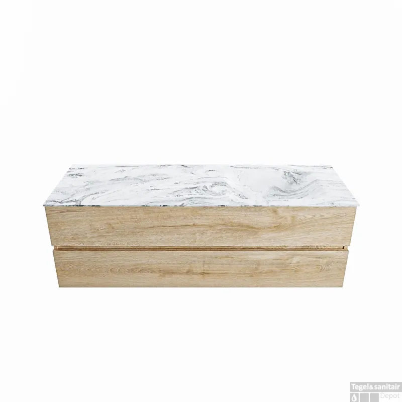 Hoge Kwaliteit MONDIAZ VICA-DLUX 150cm badmeubel onderkast Washed Oak 2 lades. Inbouw wastafel CLOUD rechts 1 kraangat, kleur Glace.