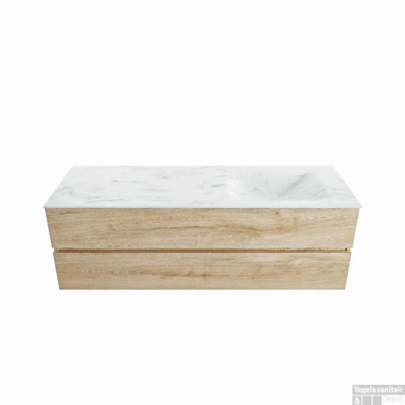 Bestseller MONDIAZ VICA-DLUX 150cm badmeubel onderkast Washed Oak 2 lades. Inbouw wastafel CLOUD rechts zonder kraangat, kleur Opalo.