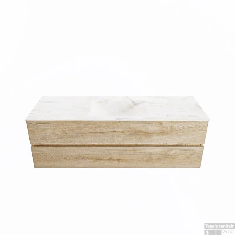Gereduceerde Prijs MONDIAZ VICA-DLUX 150cm badmeubel onderkast Washed Oak 2 lades. Inbouw wastafel CLOUD midden zonder kraangat, kleur Ostra.