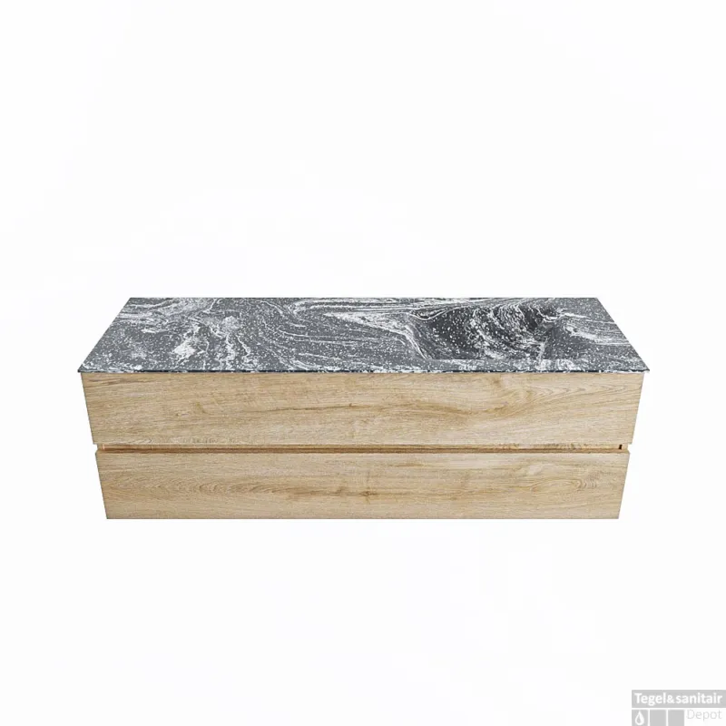 MONDIAZ VICA-DLUX 150cm badmeubel onderkast Washed Oak 2 lades. Inbouw wastafel CLOUD rechts zonder kraangat, kleur Lava. Merkproduct