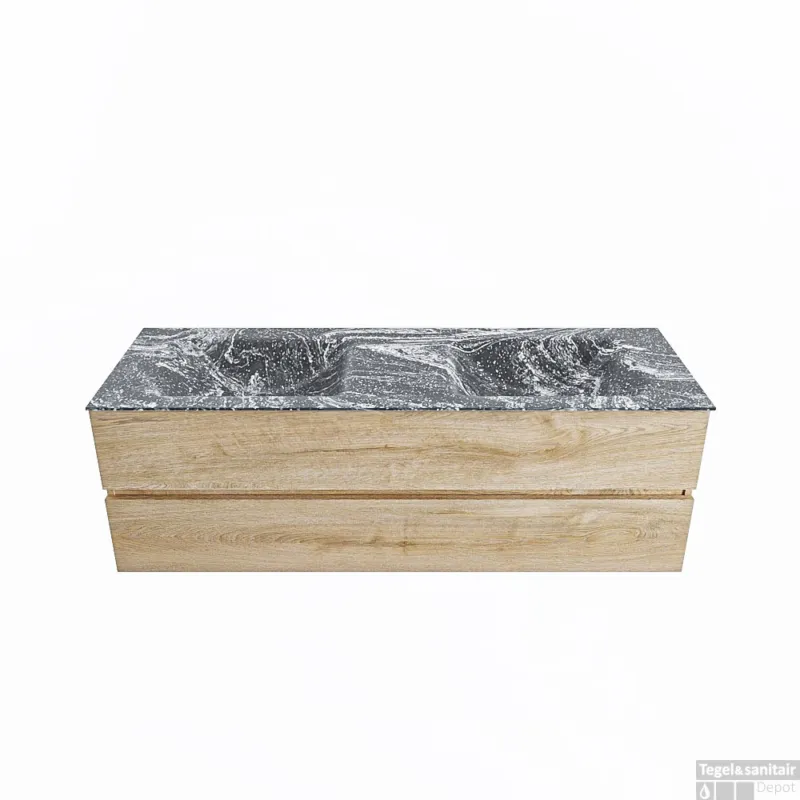 Goedkoop MONDIAZ VICA-DLUX 150cm badmeubel onderkast Washed Oak 2 lades. Inbouw wastafel CLOUD dubbel zonder kraangat, kleur Lava.