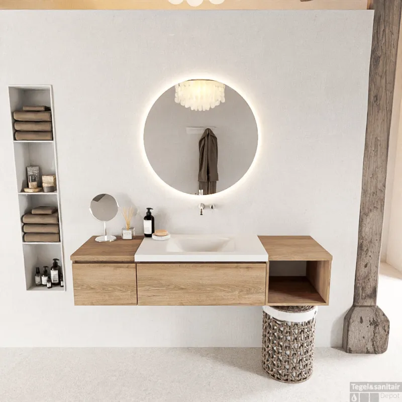 Uitverkoop MONDIAZ BUKLA 160cm badmeubel met open module 40 rechts kleur Washed Oak met 2 lades. Wastafel CLOUD midden 0 kraangaten kleur Talc.