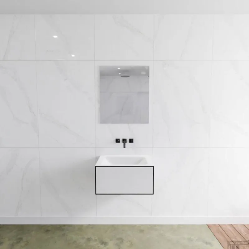 Badkamermeubelset Mondiaz LAGOM 60 cm met Gecentreerde Wastafel Solid Surface Zonder Kraangaten Mat Wit (1 lade) Dagaanbieding