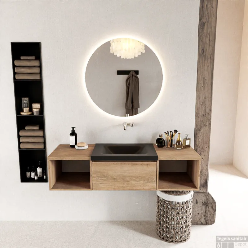 Express Levering MONDIAZ BUKLA 140cm badmeubel met open module 40 L+R kleur Washed Oak met 2 lades. Wastafel CLOUD midden 0 kraangaten kleur Urban.