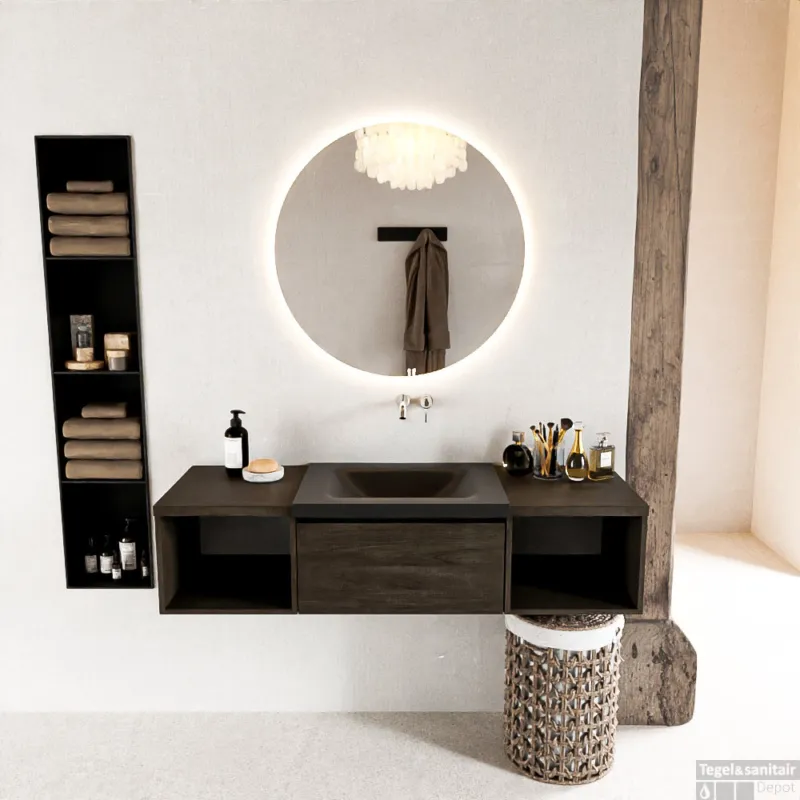 Gratis Retour MONDIAZ BUKLA 140cm badmeubel met open module 40 L+R kleur Dark Brown met 2 lades. Wastafel CLOUD midden 0 kraangaten kleur Urban.
