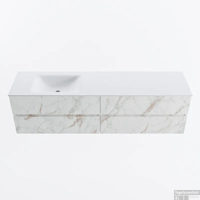 Fabrieksprijs MONDIAZ VICA 180cm badmeubel onderkast Carrara 4 lades. Wastafel CLOUD links 1 kraangat, kleur Talc.