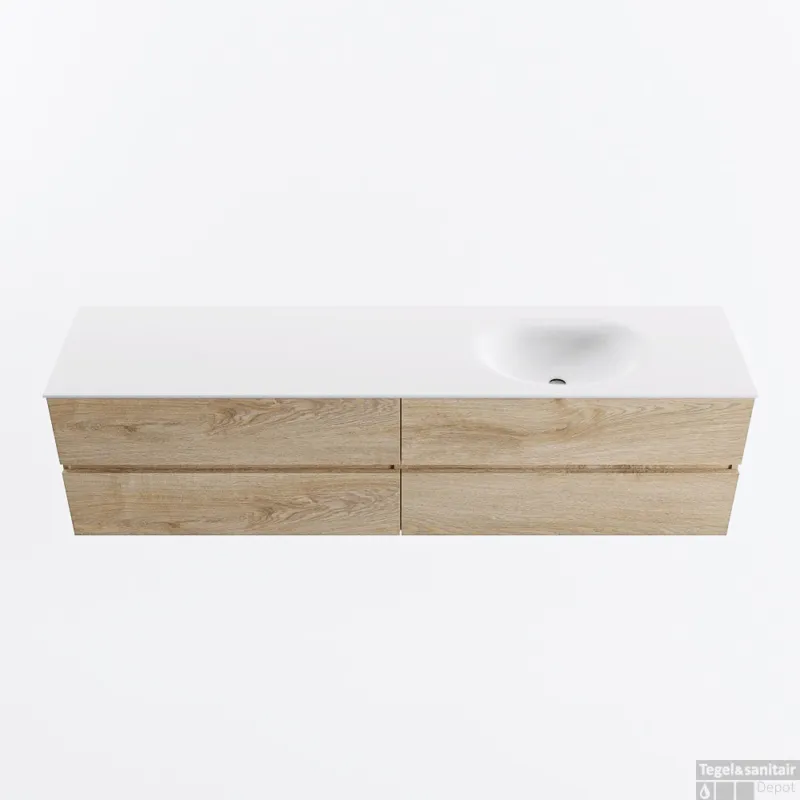 Beperkte Voorraad MONDIAZ VICA 190cm badmeubel onderkast Washed Oak 4 lades. Wastafel MOON rechts 1 kraangat, kleur Talc.
