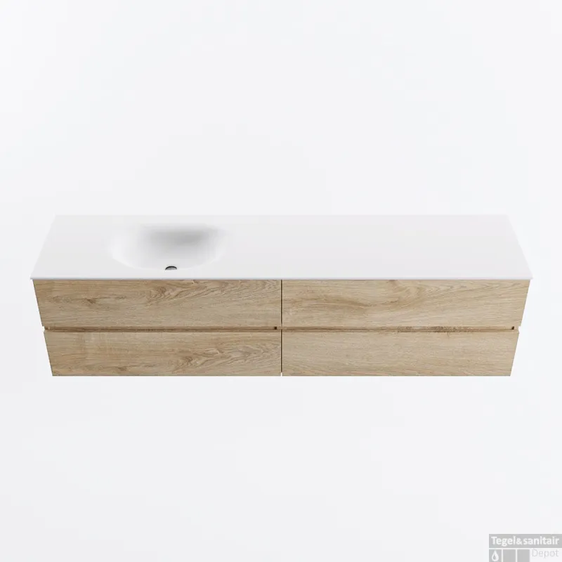 Tijdelijk Beschikbaar MONDIAZ VICA 190cm badmeubel onderkast Washed Oak 4 lades. Wastafel MOON links zonder kraangat, kleur Talc.