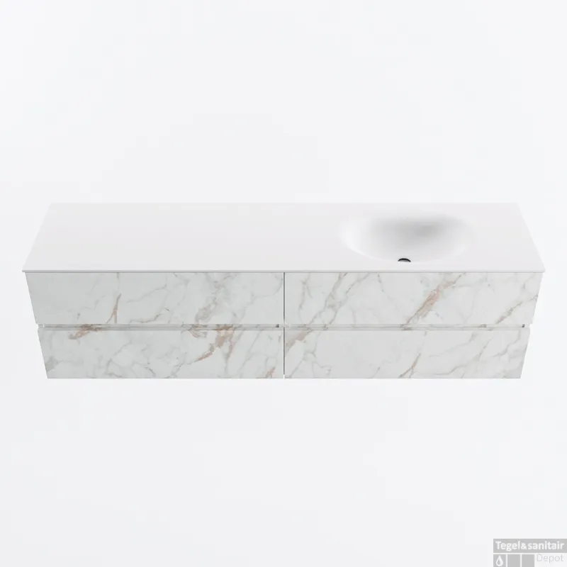 Hoge Kwaliteit MONDIAZ VICA 180cm badmeubel onderkast Carrara 4 lades. Wastafel MOON rechts 1 kraangat, kleur Talc.