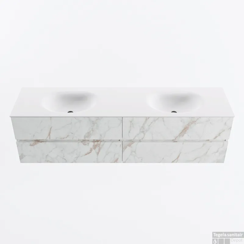 Seizoensaanbieding MONDIAZ VICA 180cm badmeubel onderkast Carrara 4 lades. Wastafel MOON dubbel 2 kraangaten, kleur Talc.