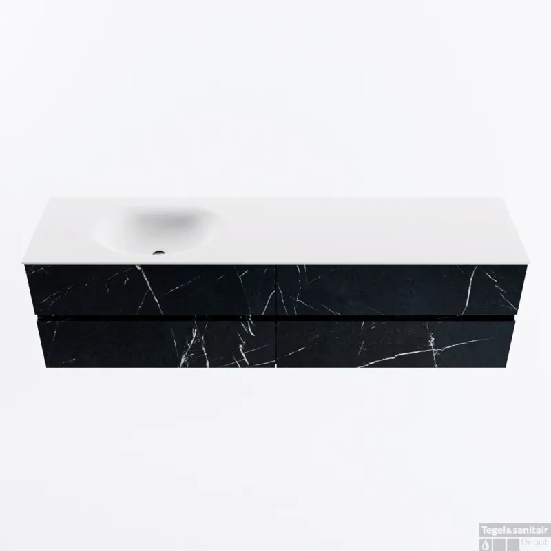 Hoge Kwaliteit MONDIAZ VICA 180cm badmeubel onderkast Marquina 4 lades. Wastafel MOON links zonder kraangat, kleur Talc.