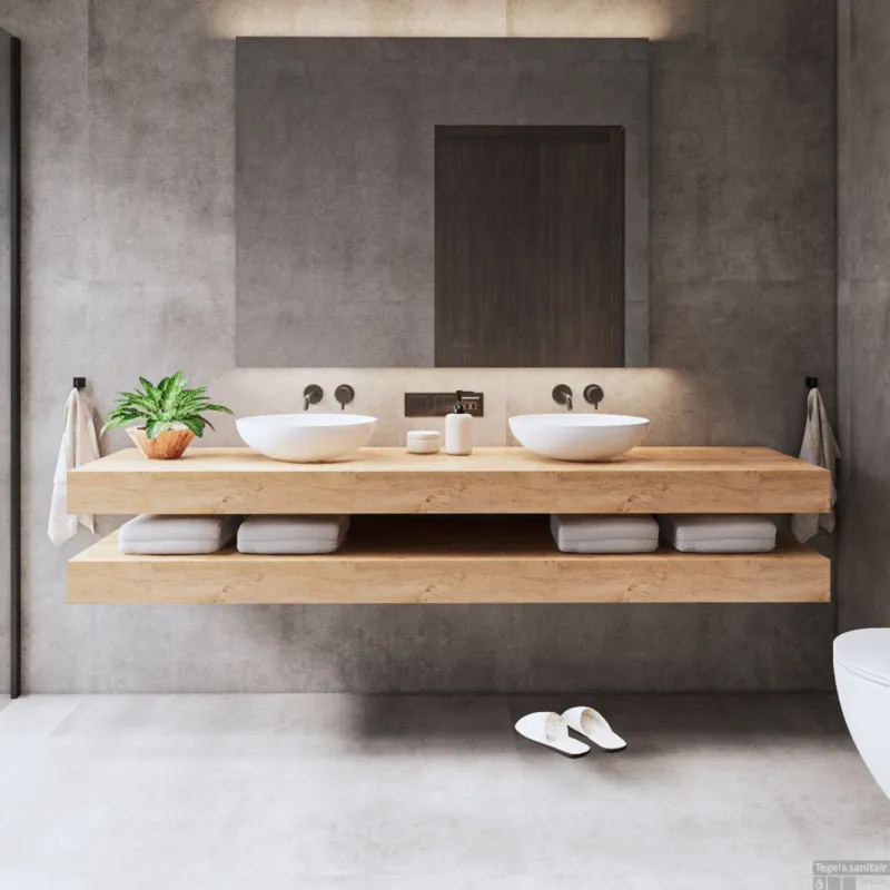 Wastafelbladset Gliss Design Topdek 2x 180x46 cm Ruw Gerookt Incl. 8 Ophangbeugels Met Waskommen Goedkoop