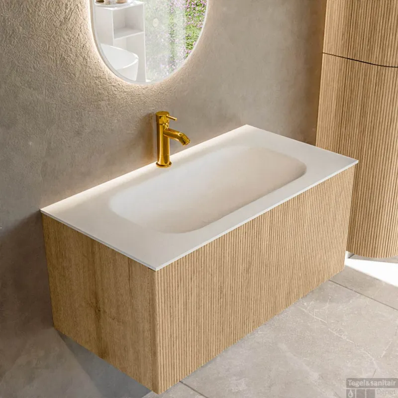Speciale Aanbieding Mondiaz KURVE 90 cm Onderkast Greeploos 1 Lade Zonder Deuren Oak, Wastafel Solid Surface Midden Talc 1 Kraangat Zonder Spiegel (KRVBGS901L0D1KM-Oak/Tal)