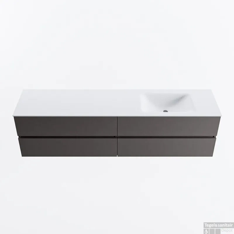 Op = Op MONDIAZ VICA 190cm badmeubel onderkast Dark Grey 4 lades. Wastafel CLOUD rechts 1 kraangat, kleur Talc.