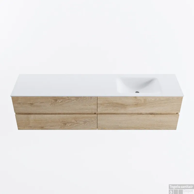 Op = Op MONDIAZ VICA 190cm badmeubel onderkast Washed Oak 4 lades. Wastafel CLOUD rechts 1 kraangat, kleur Talc.