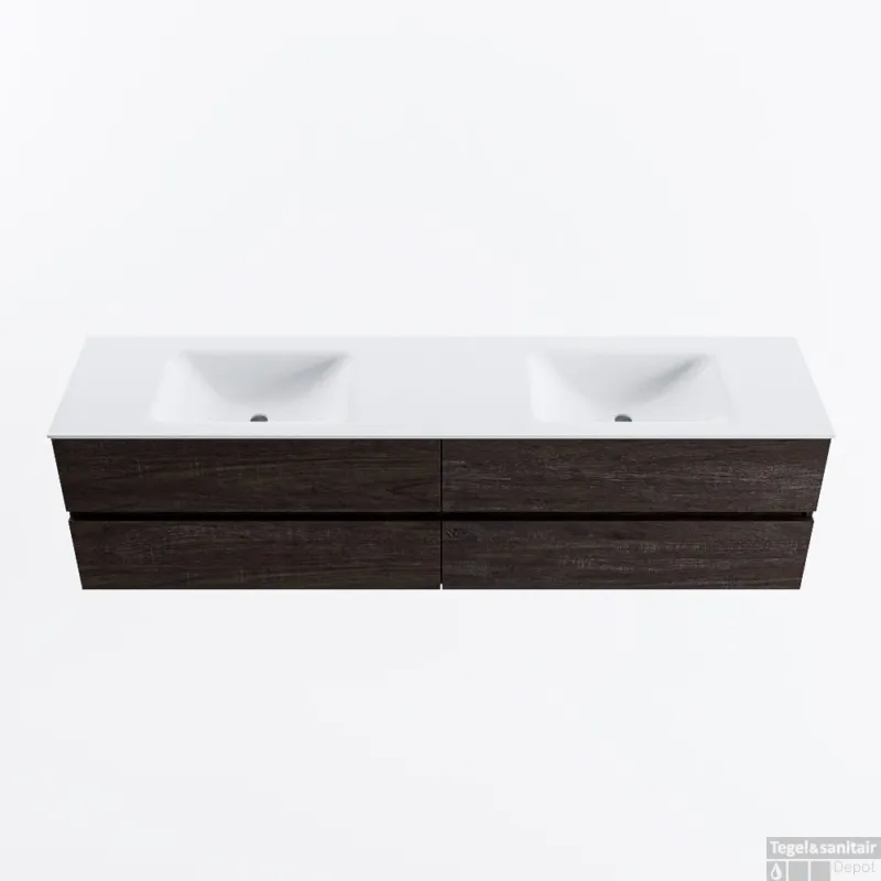 Premium MONDIAZ VICA 190cm badmeubel onderkast Dark Brown 4 lades. Wastafel CLOUD dubbel 2 kraangaten, kleur Talc.