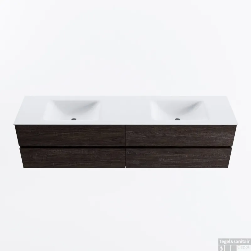 Beperkt Aanbod MONDIAZ VICA 190cm badmeubel onderkast Dark Brown 4 lades. Wastafel CLOUD dubbel zonder kraangat, kleur Talc.