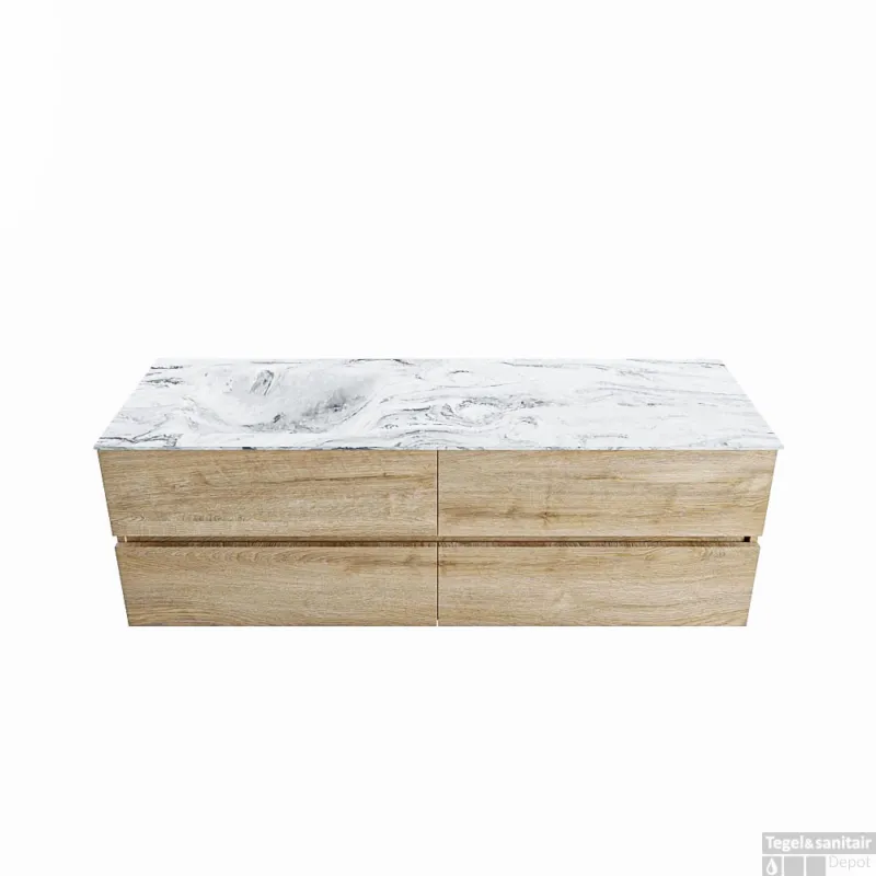 Flitsaanbieding MONDIAZ VICA-DLUX 150cm badmeubel onderkast Washed Oak 4 lades. Inbouw wastafel CLOUD links zonder kraangat, kleur Glace.