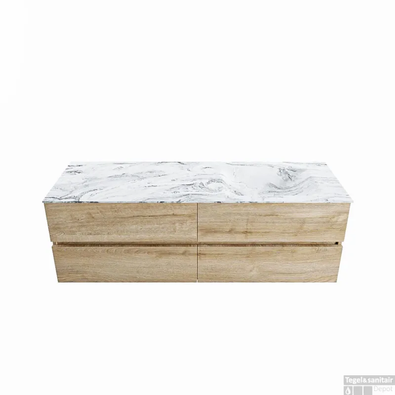 MONDIAZ VICA-DLUX 150cm badmeubel onderkast Washed Oak 4 lades. Inbouw wastafel CLOUD rechts zonder kraangat, kleur Glace. Uitverkoop