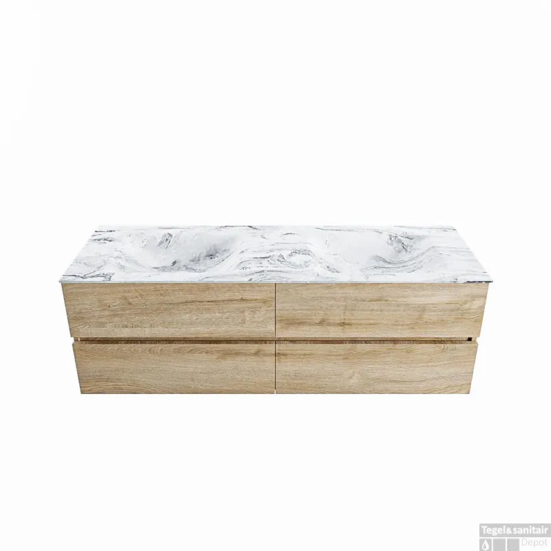 MONDIAZ VICA-DLUX 150cm badmeubel onderkast Washed Oak 4 lades. Inbouw wastafel CLOUD dubbel zonder kraangat, kleur Glace. Laatste Versie