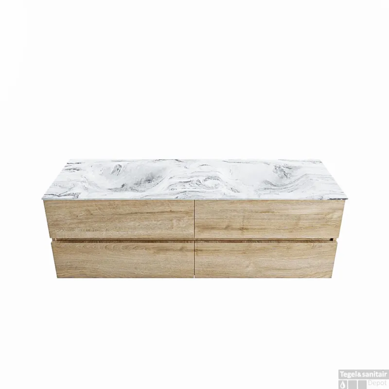 MONDIAZ VICA-DLUX 150cm badmeubel onderkast Washed Oak 4 lades. Inbouw wastafel CLOUD dubbel 2 kraangaten, kleur Glace. Premium