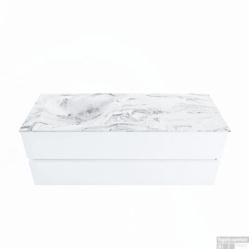 Dagaanbieding MONDIAZ VICA-DLUX 130cm badmeubel onderkast Talc 2 lades. Inbouw wastafel CLOUD links zonder kraangat, kleur Glace.