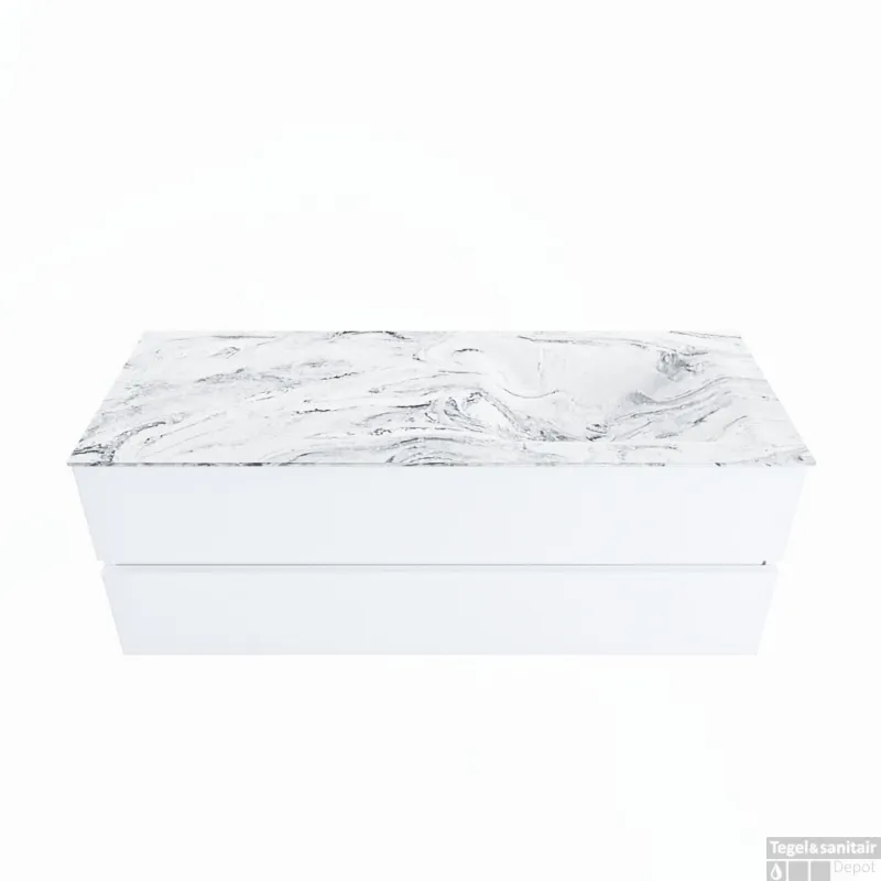 Finale Uitverkoop MONDIAZ VICA-DLUX 130cm badmeubel onderkast Talc 2 lades. Inbouw wastafel CLOUD rechts zonder kraangat, kleur Glace.