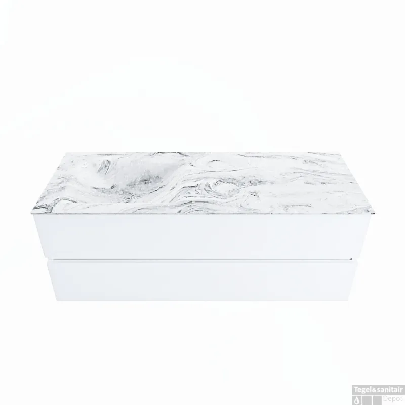 MONDIAZ VICA-DLUX 130cm badmeubel onderkast Talc 2 lades. Inbouw wastafel CLOUD links 1 kraangat, kleur Glace. Laatste Versie