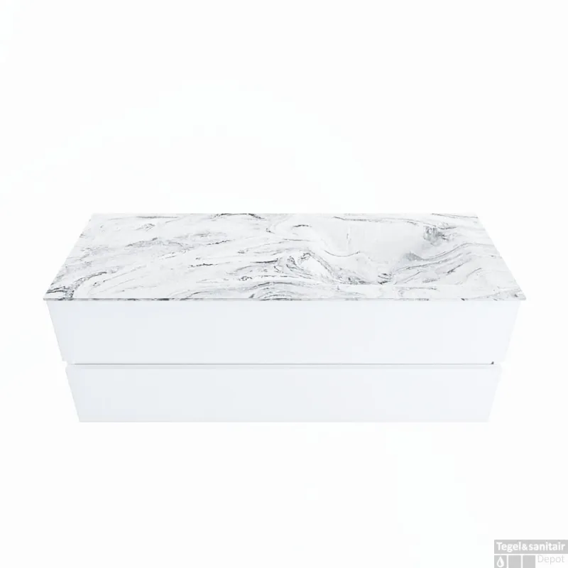 Superprijs MONDIAZ VICA-DLUX 130cm badmeubel onderkast Talc 2 lades. Inbouw wastafel CLOUD rechts 1 kraangat, kleur Glace.