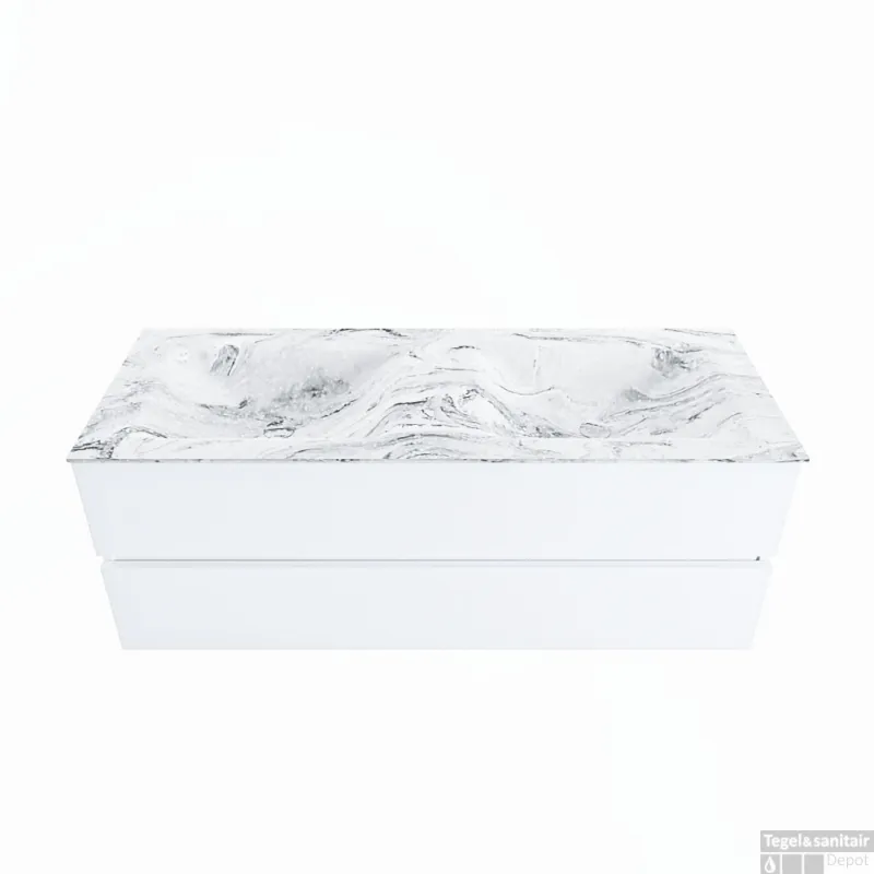 MONDIAZ VICA-DLUX 130cm badmeubel onderkast Talc 2 lades. Inbouw wastafel CLOUD dubbel 2 kraangaten, kleur Glace. Veilige Betaling