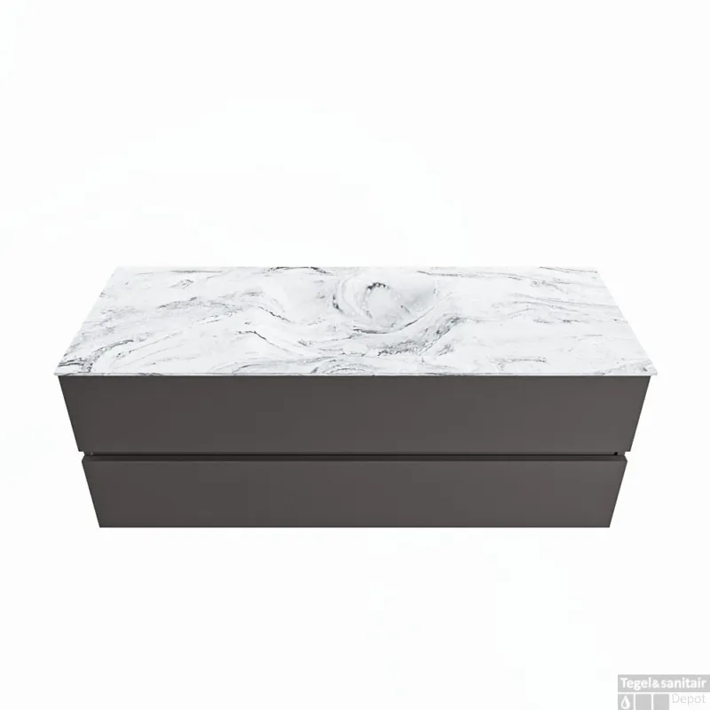 MONDIAZ VICA-DLUX 130cm badmeubel onderkast Dark grey 2 lades. Inbouw wastafel CLOUD midden zonder kraangat, kleur Glace. Fabrieksprijs