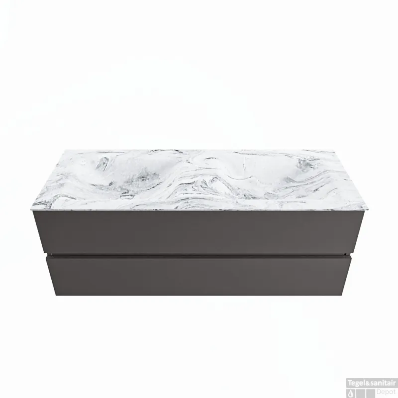 MONDIAZ VICA-DLUX 130cm badmeubel onderkast Dark grey 2 lades. Inbouw wastafel CLOUD dubbel zonder kraangat, kleur Glace. Laatste Kans