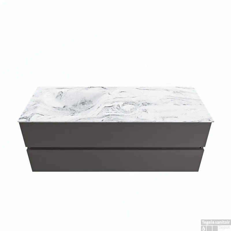 Exclusieve Aanbieding MONDIAZ VICA-DLUX 130cm badmeubel onderkast Dark grey 2 lades. Inbouw wastafel CLOUD links 1 kraangat, kleur Glace.