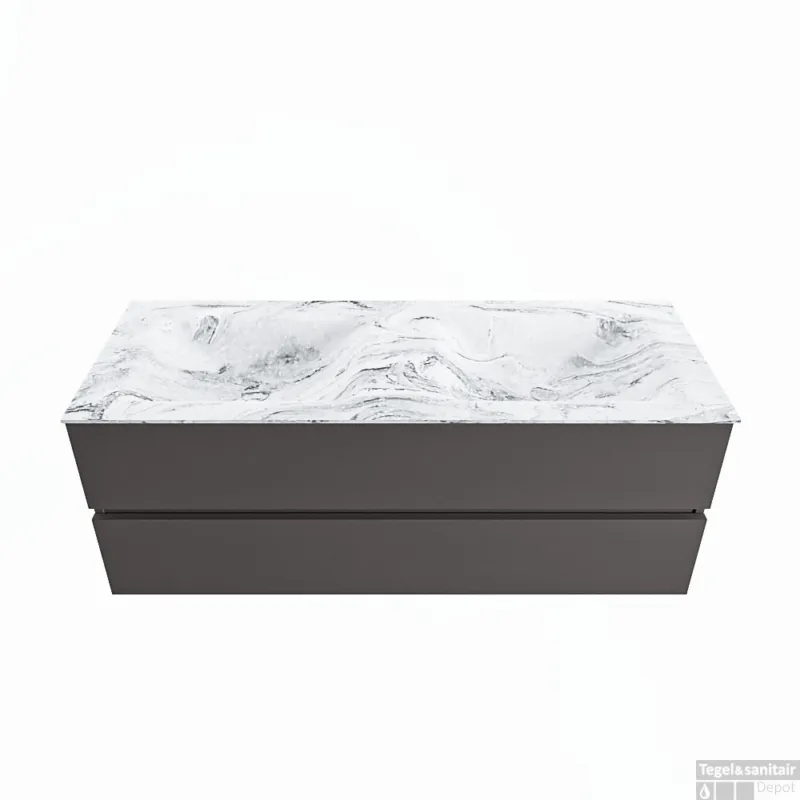 Speciale Aanbieding MONDIAZ VICA-DLUX 130cm badmeubel onderkast Dark grey 2 lades. Inbouw wastafel CLOUD dubbel 2 kraangaten, kleur Glace.