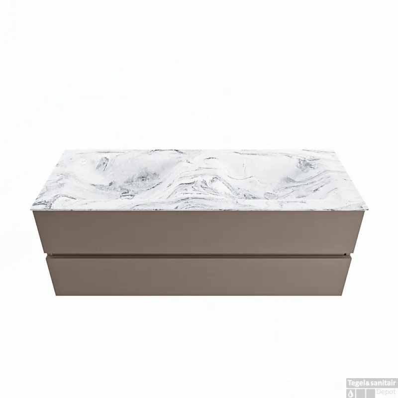 Premium MONDIAZ VICA-DLUX 130cm badmeubel onderkast Smoke 2 lades. Inbouw wastafel CLOUD dubbel 2 kraangaten, kleur Glace.
