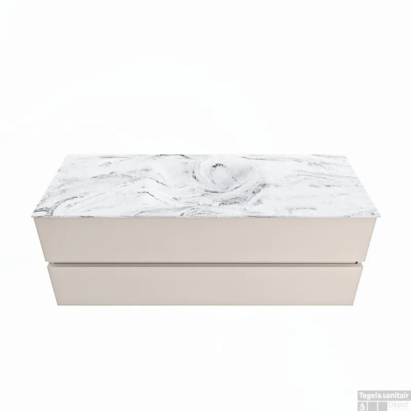 MONDIAZ VICA-DLUX 130cm badmeubel onderkast Linen 2 lades. Inbouw wastafel CLOUD midden zonder kraangat, kleur Glace. Uitverkoop