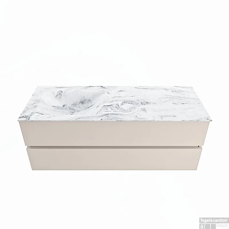 MONDIAZ VICA-DLUX 130cm badmeubel onderkast Linen 2 lades. Inbouw wastafel CLOUD links zonder kraangat, kleur Glace. Exclusieve Aanbieding