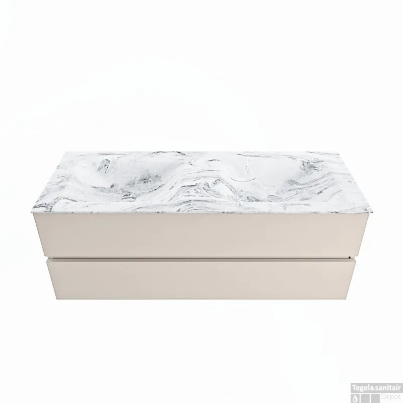MONDIAZ VICA-DLUX 130cm badmeubel onderkast Linen 2 lades. Inbouw wastafel CLOUD dubbel zonder kraangat, kleur Glace. Gecertificeerd