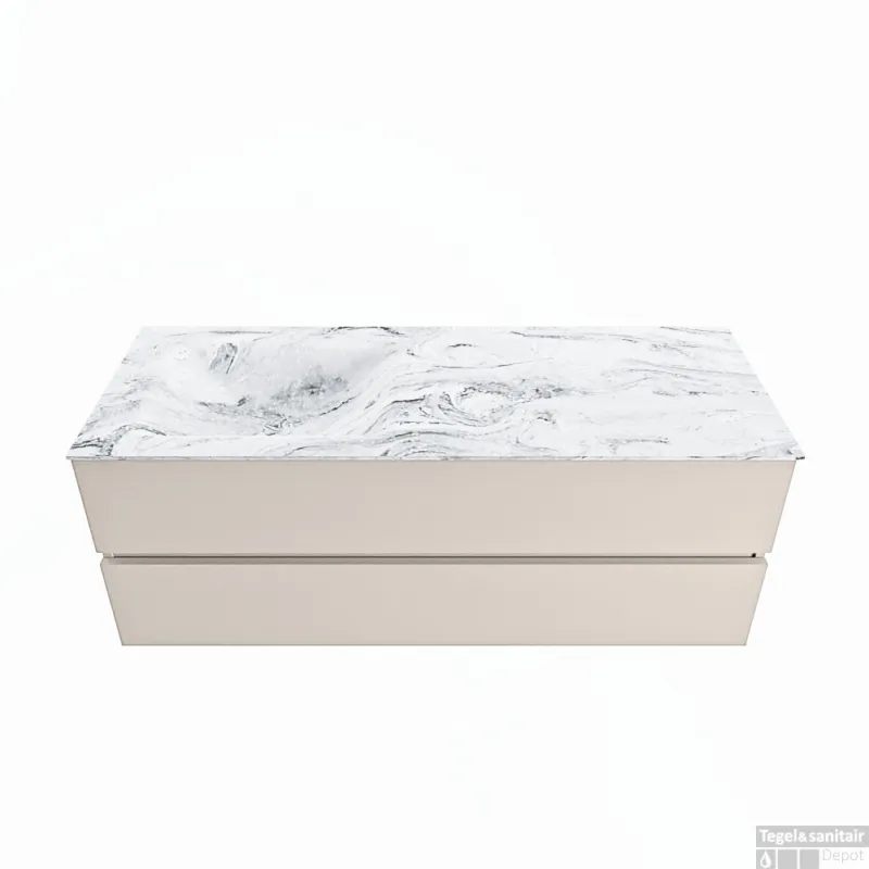 MONDIAZ VICA-DLUX 130cm badmeubel onderkast Linen 2 lades. Inbouw wastafel CLOUD links 1 kraangat, kleur Glace. Uitverkoop