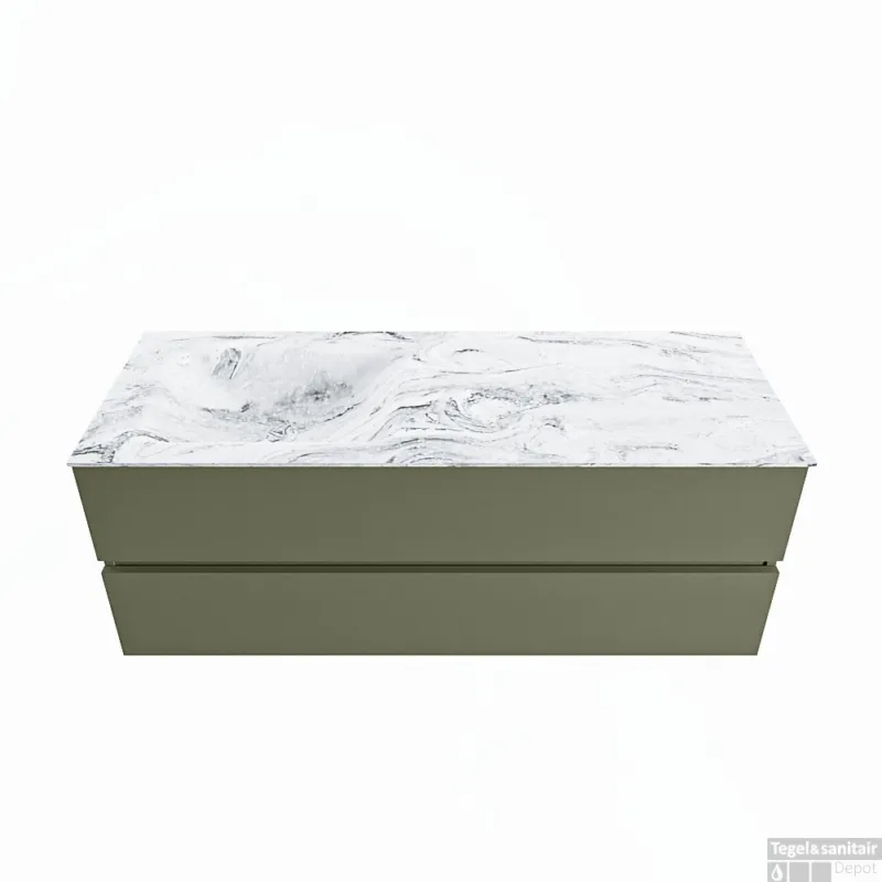 MONDIAZ VICA-DLUX 130cm badmeubel onderkast Army 2 lades. Inbouw wastafel CLOUD links zonder kraangat, kleur Glace. Op = Op