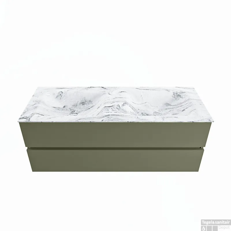 MONDIAZ VICA-DLUX 130cm badmeubel onderkast Army 2 lades. Inbouw wastafel CLOUD dubbel zonder kraangat, kleur Glace. Premium
