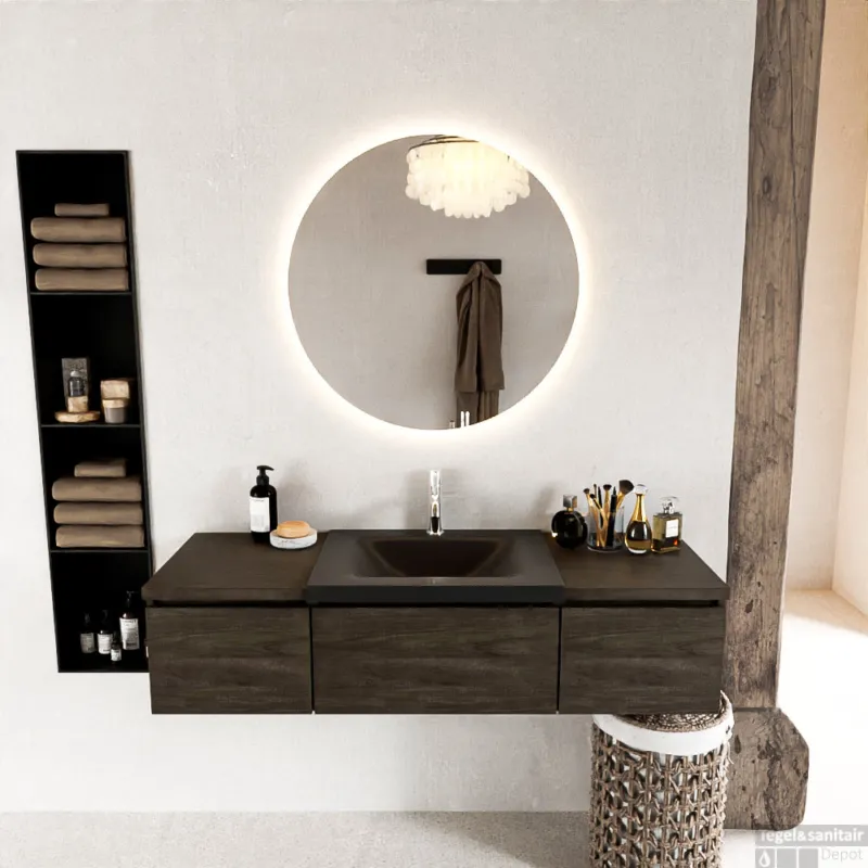Must-Have MONDIAZ BUKLA 140cm badmeubel met module 40 kleur Dark Brown met 3 lades. Wastafel CLOUD midden 1 kraangat kleur Urban.