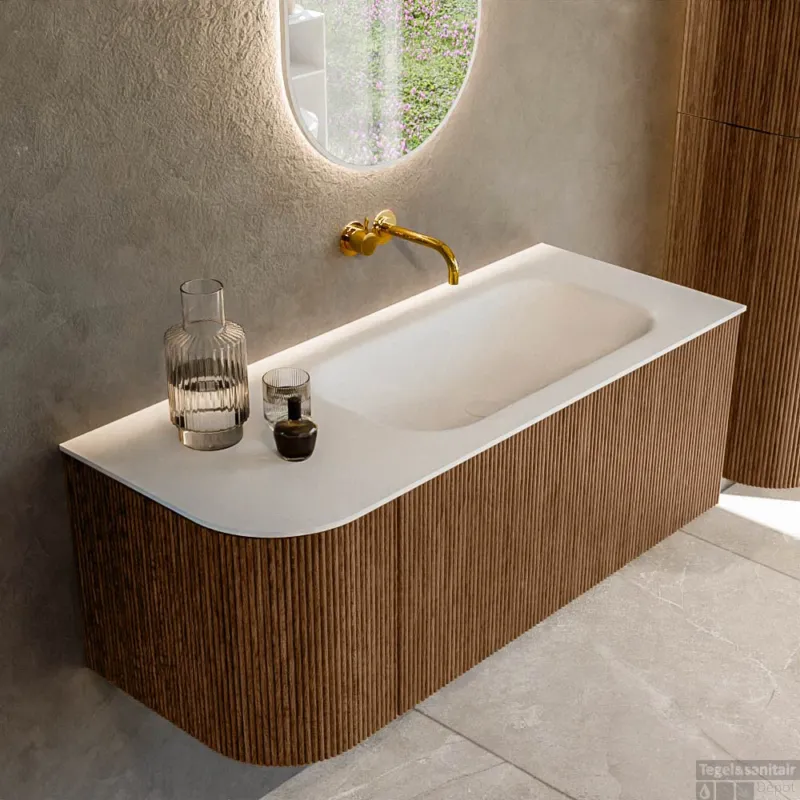 Populair Mondiaz KURVE 115 cm Onderkast Greeploos 1 Lade Met Deuren Walnut, Wastafel Solid Surface Rechts Talc 0 Kraangaten Zonder Spiegel (KRVBGS115L1L1D0KR-Wal/Tal)