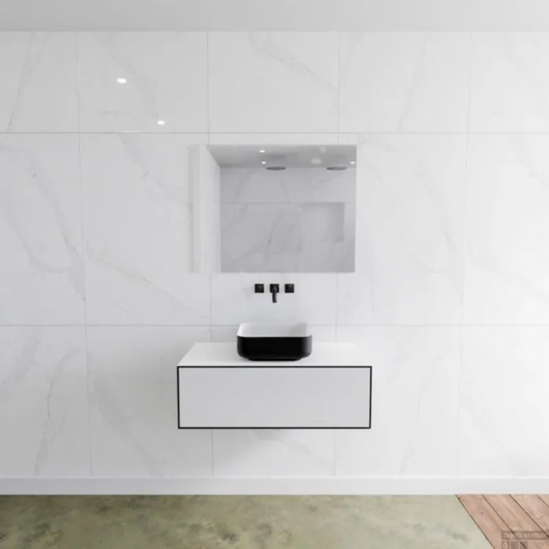 Badkamermeubelset Mondiaz LAGOM 90 cm Topblad met Gecentreerde Wastafel Solid Surface Opzetkom Binx zonder Kraangat Mat Zwart (1 lade) Actieprijs