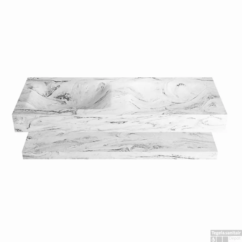 Snelle Levering MONDIAZ ALAN-DLUX 120cm planchet Glace. Vrijhangende wastafel CLOUD dubbel 2 kraangaten, kleur Glace.