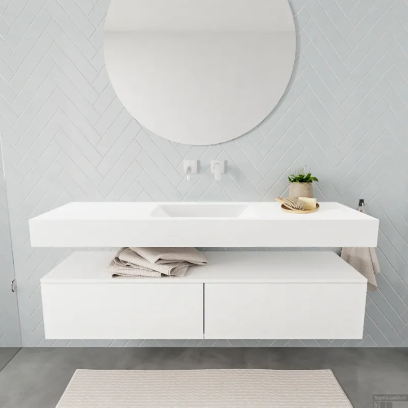 Badkamermeubel BWS Ibiza 150 cm Twee Soft-Close Lades Solid Surface Wastafel Mat Wit (acht varianten) Goedkoop