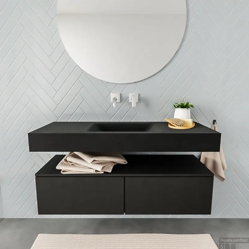 Bestel Nu Badkamermeubel BWS Ibiza 120 cm Twee Soft-Close Lades Solid Surface Wastafel Mat Zwart (acht varianten)